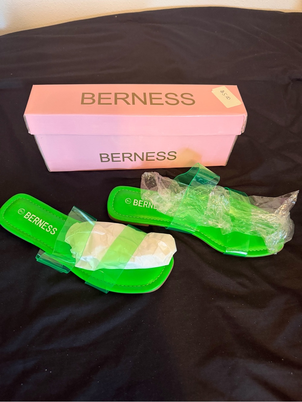 BERNESS Women's Green Clear Strap Slide Sandals